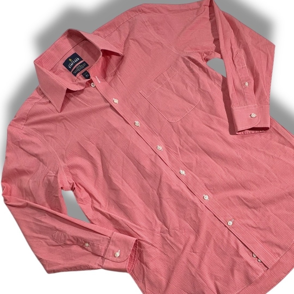 Stafford Mens 15 1/2 32-33 Button Up Dress Shirt Pink White Plaid Long Sleeve - Picture 1 of 8